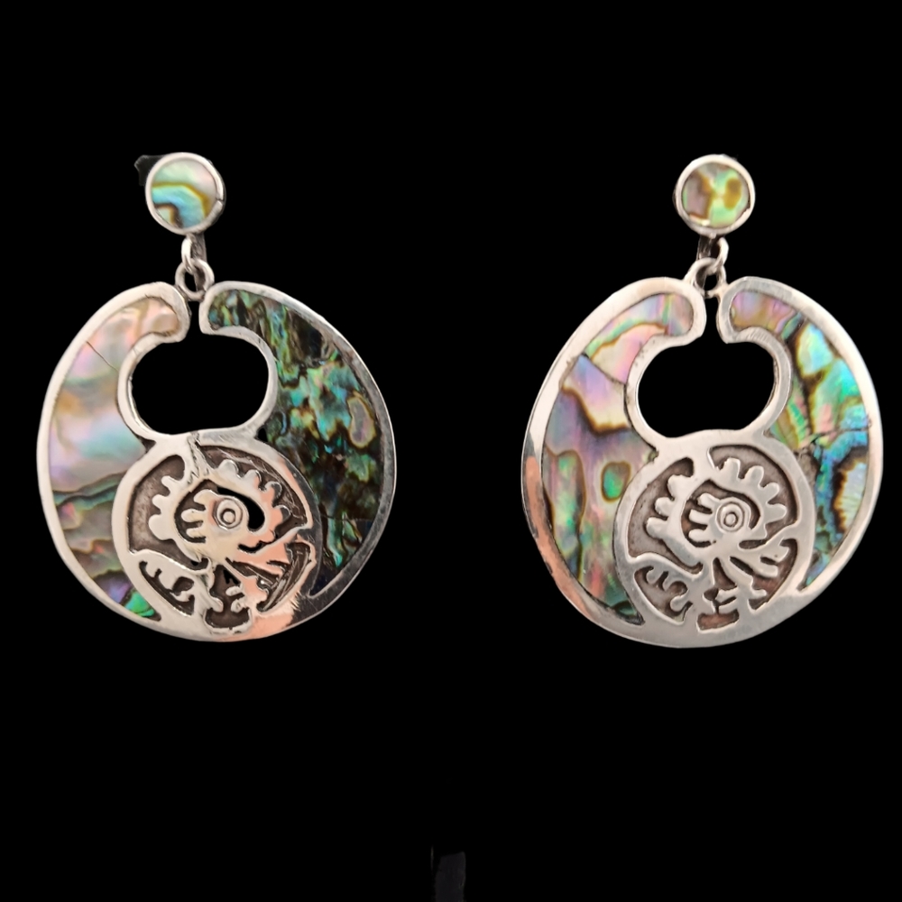 Vintage Taxco Sterling Silver  Large Earrings Abalone Tribal Screw Back Signed